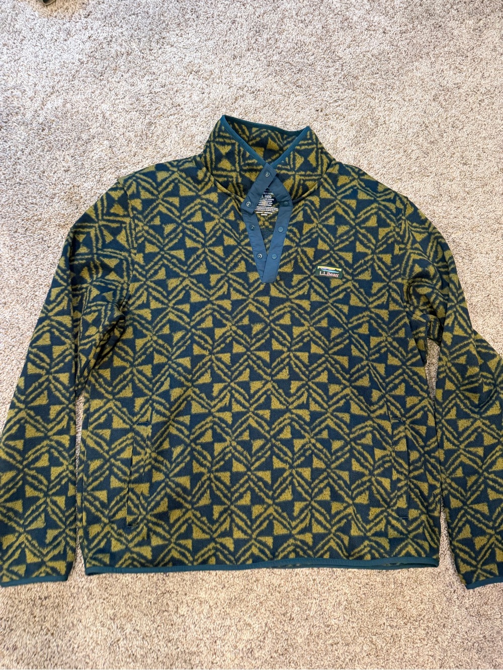 L.L. Bean Green and Navy Geometric Zip-Front Fleece Sweater